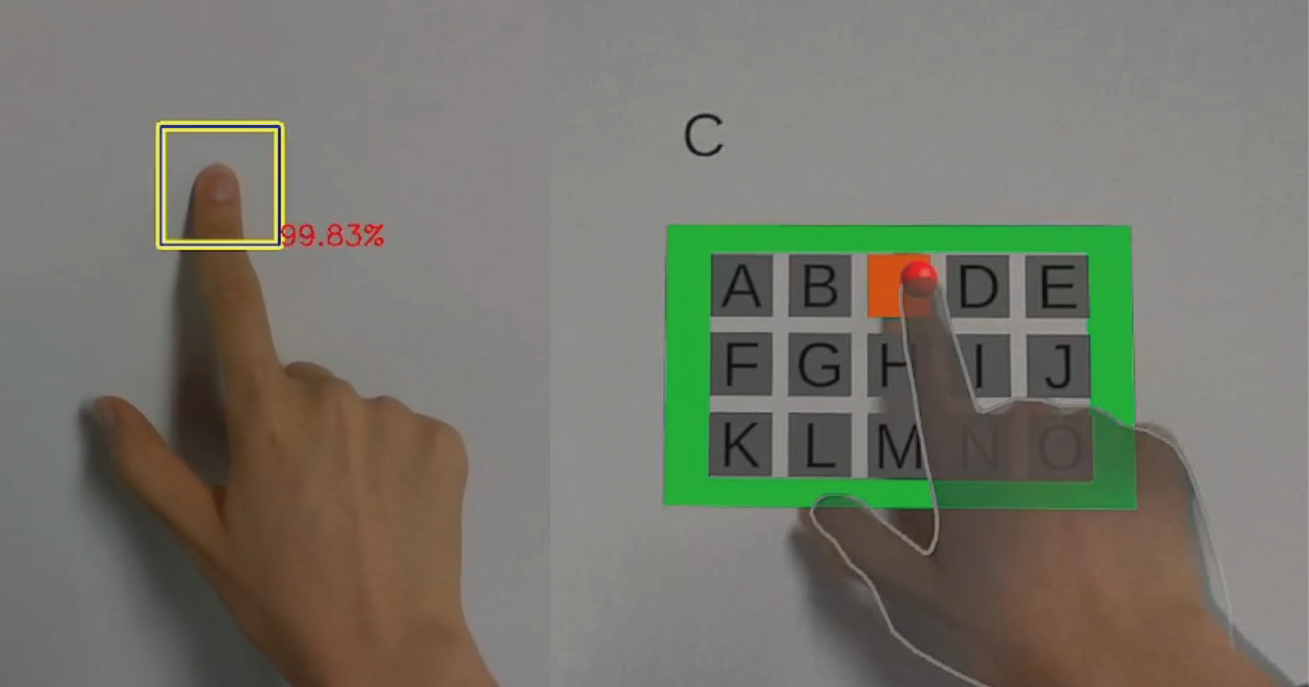 左: 本技術で使用しているAIモデルによるブランチング現象の検出例.右: 壁面をタッチ入力面として用い,バーチャルなユーザインタフェースを操作する様子.