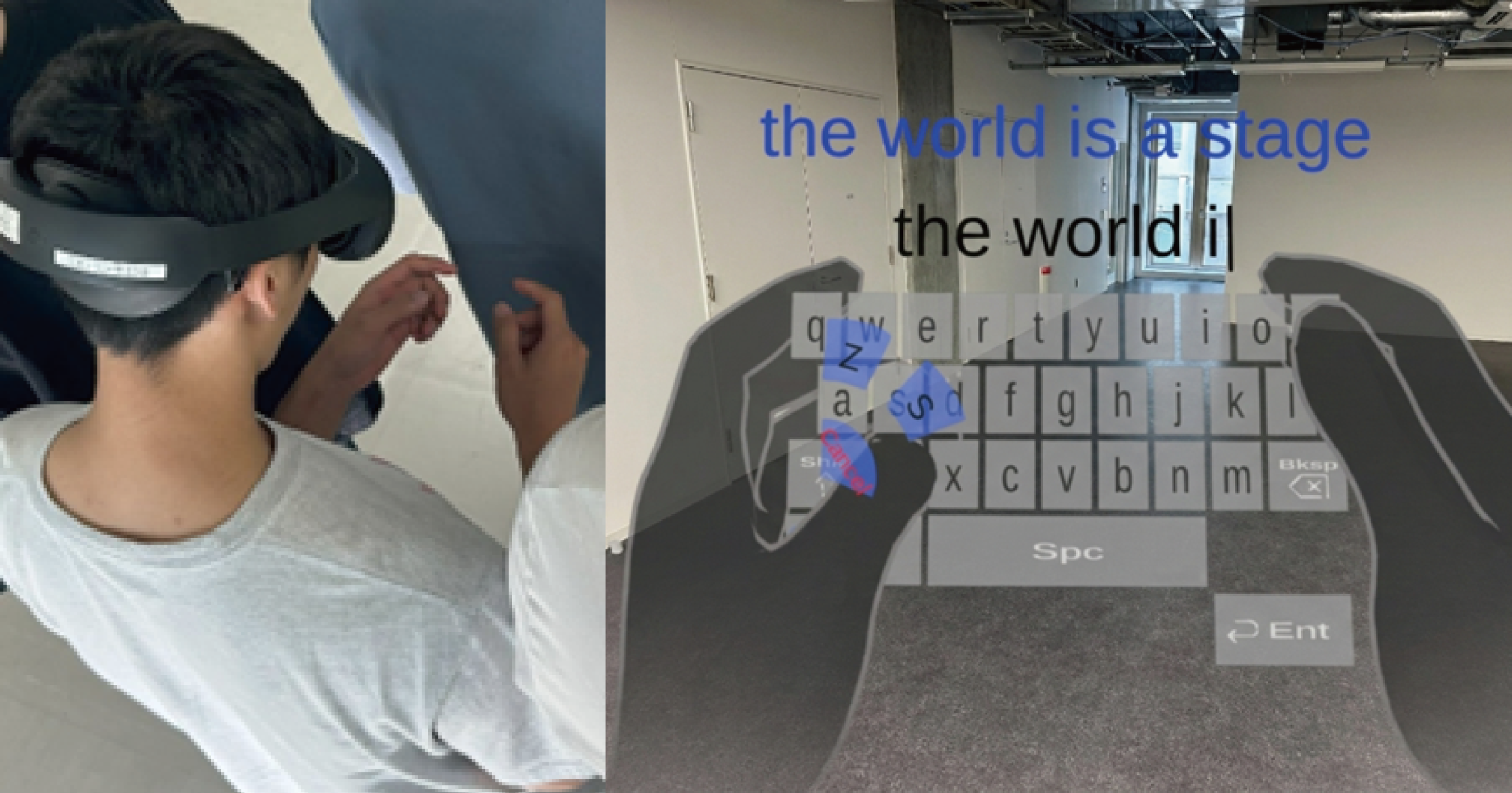 左: 混雑した公共空間を想定した環境でAR機器を装着し,限られたスペースの中で親指操作による文字入力を行う様子.右: FanTypeの入力画面推定された候補(この例ではzとs)が扇形に表示され,最小限の親指動作で文字を選択して入力できる仕組み